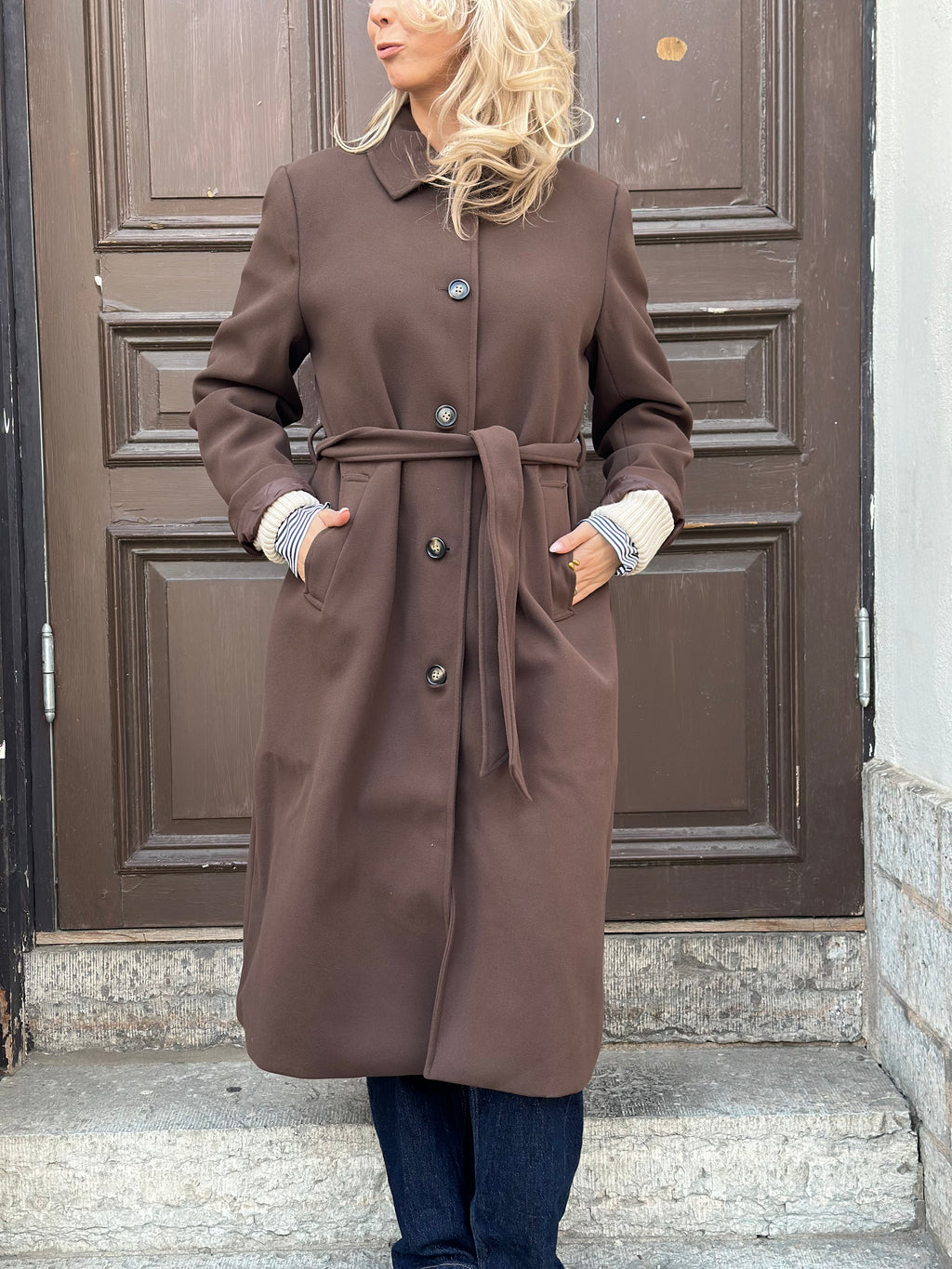 PIECES - AYA LONG COAT - HOT FUDGE