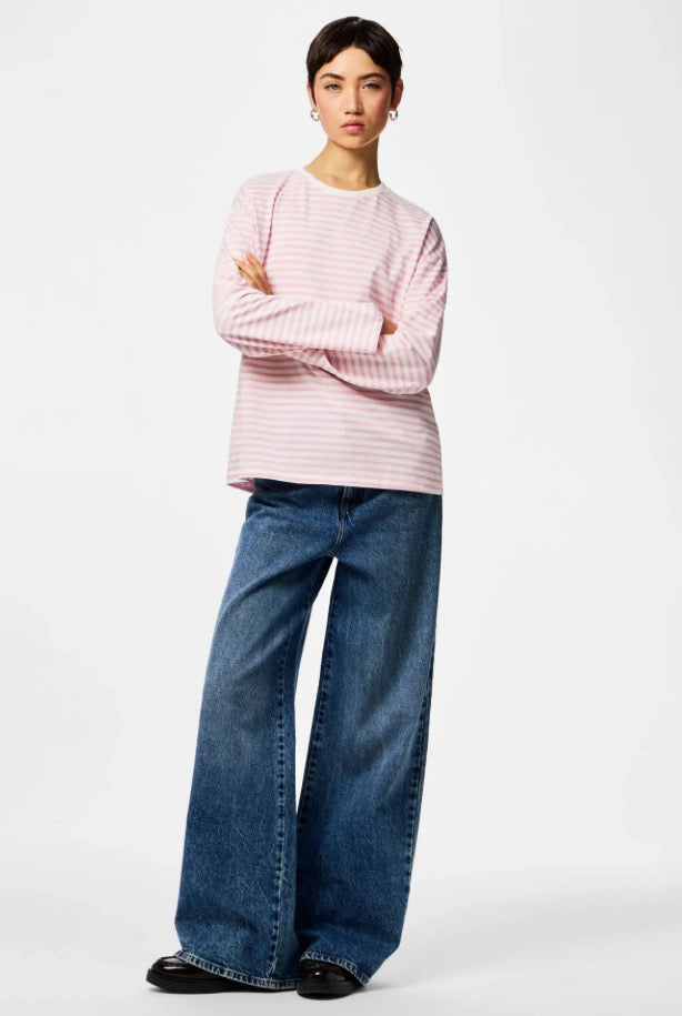 PIECES - SADIE LS TOP - BRIGHT WHITE/ROSEATE SPOONBILL
