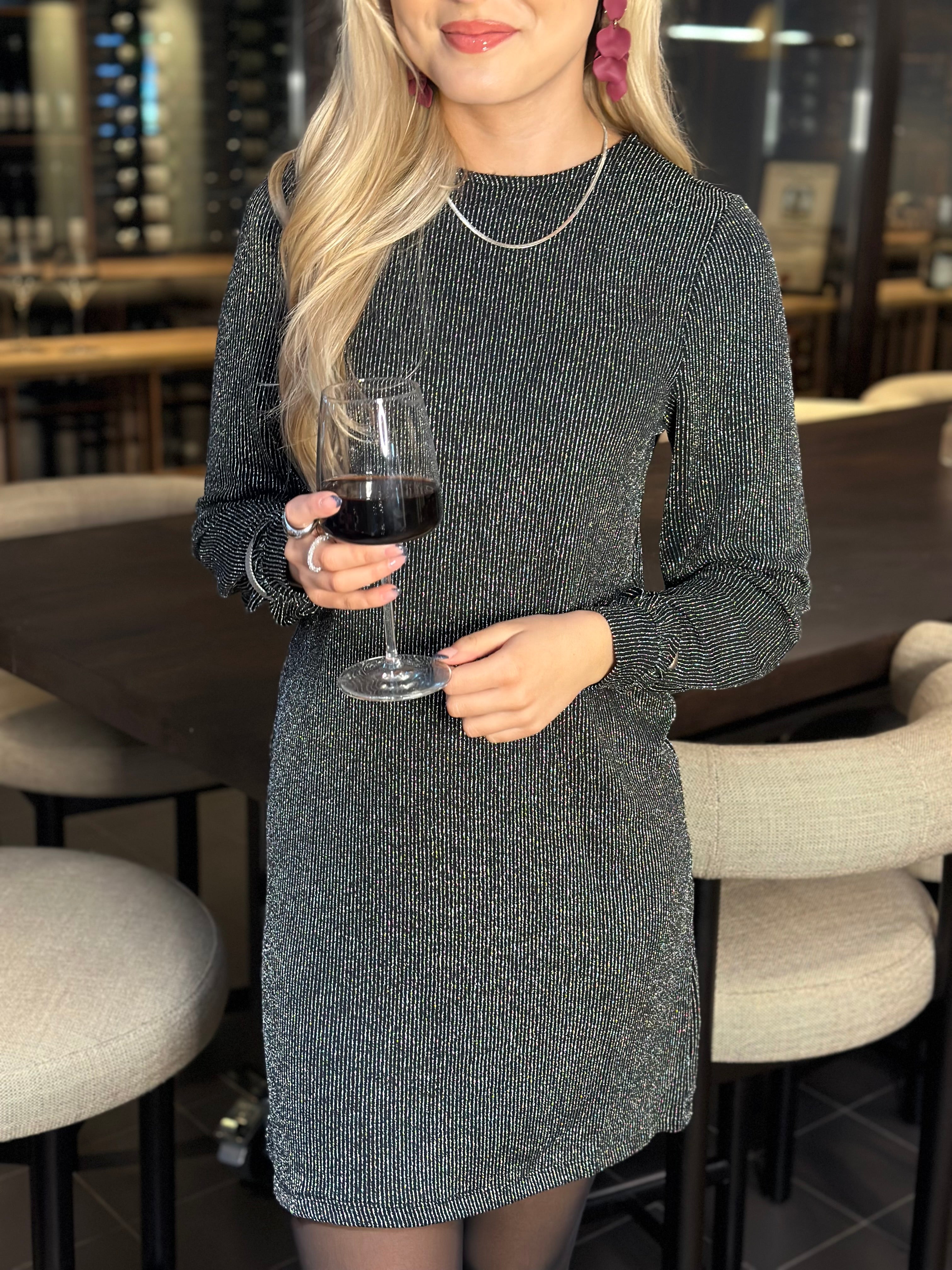 ONLY - CAROL L/S GLITTER BOW DRESS - BLACK/SILVER GLITTER