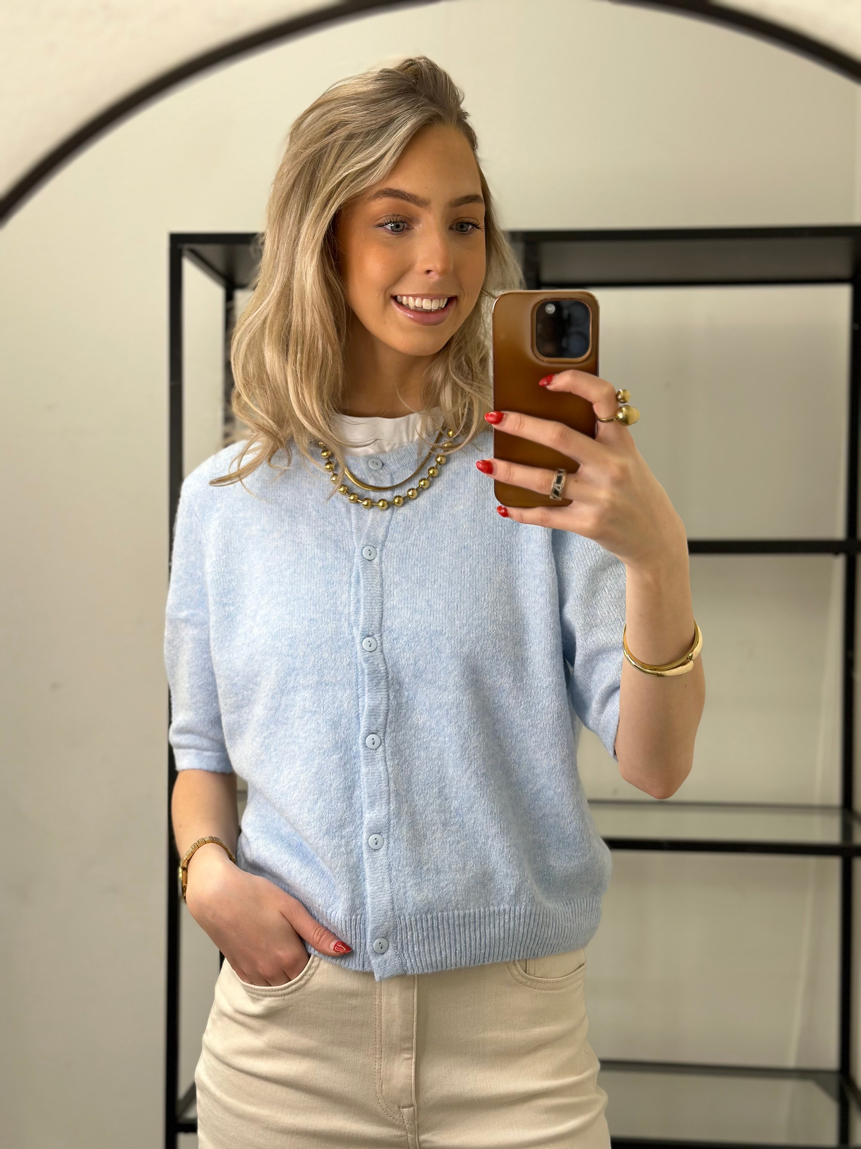 ONLY - DOFFY 2/4 O-NECK BUTTON CARDIGAN - CASHMERE BLUE