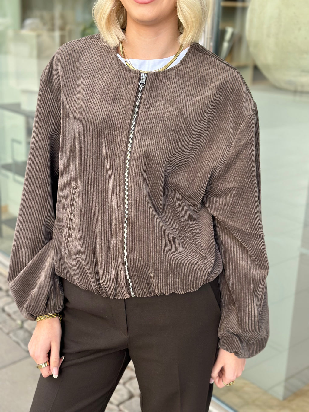 JDY - ALBA CORD BALLON JACKET - CHOCOLATE BROWN/METAL SILVER