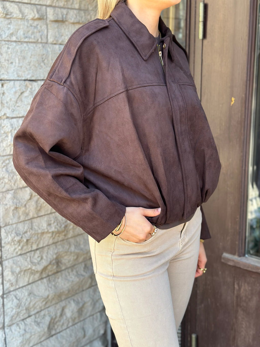 ONLY - MOON-STINA FAUX SUEDE BOMBER JACKET - CHOCOLATE TORTE