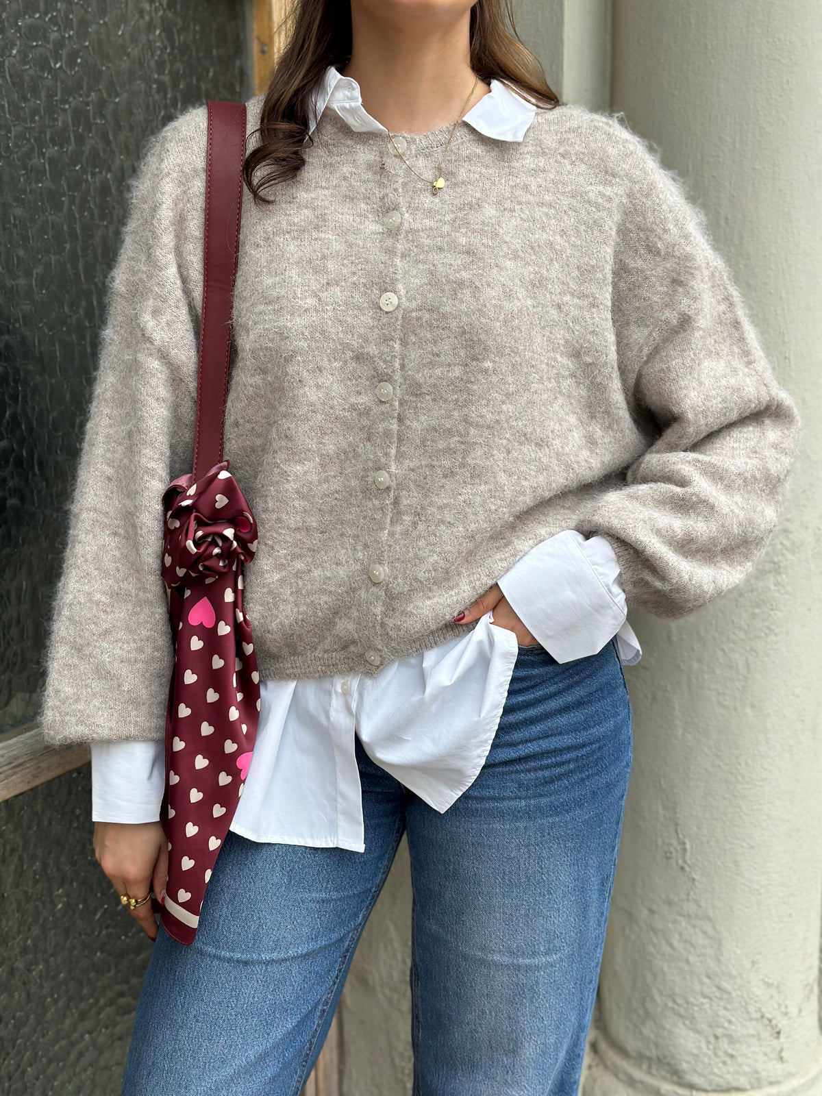 PIECES - CALLIE LS O-NECK KNIT CARDIGAN - GREIGE/MELANGE