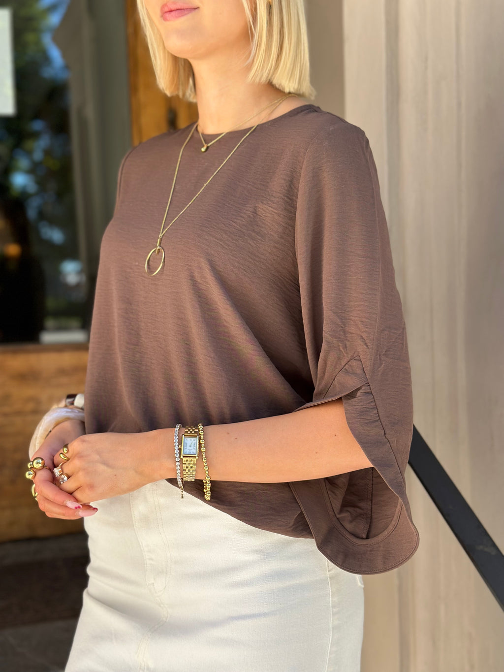 VEROMODA - ALVA 3/4 O-NECK TOP - CHOCOLATE MARTINI