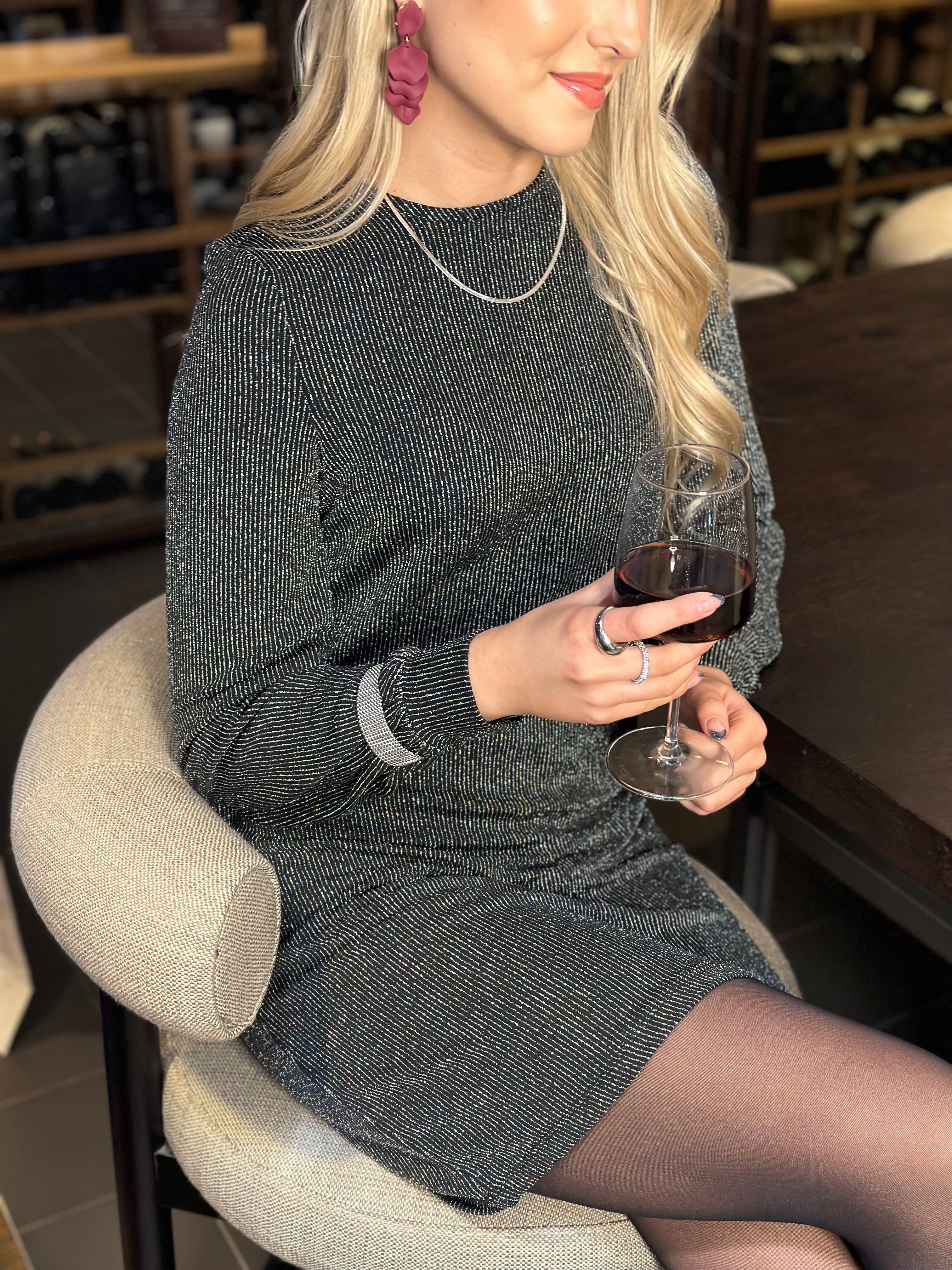 ONLY - CAROL L/S GLITTER BOW DRESS - BLACK/SILVER GLITTER