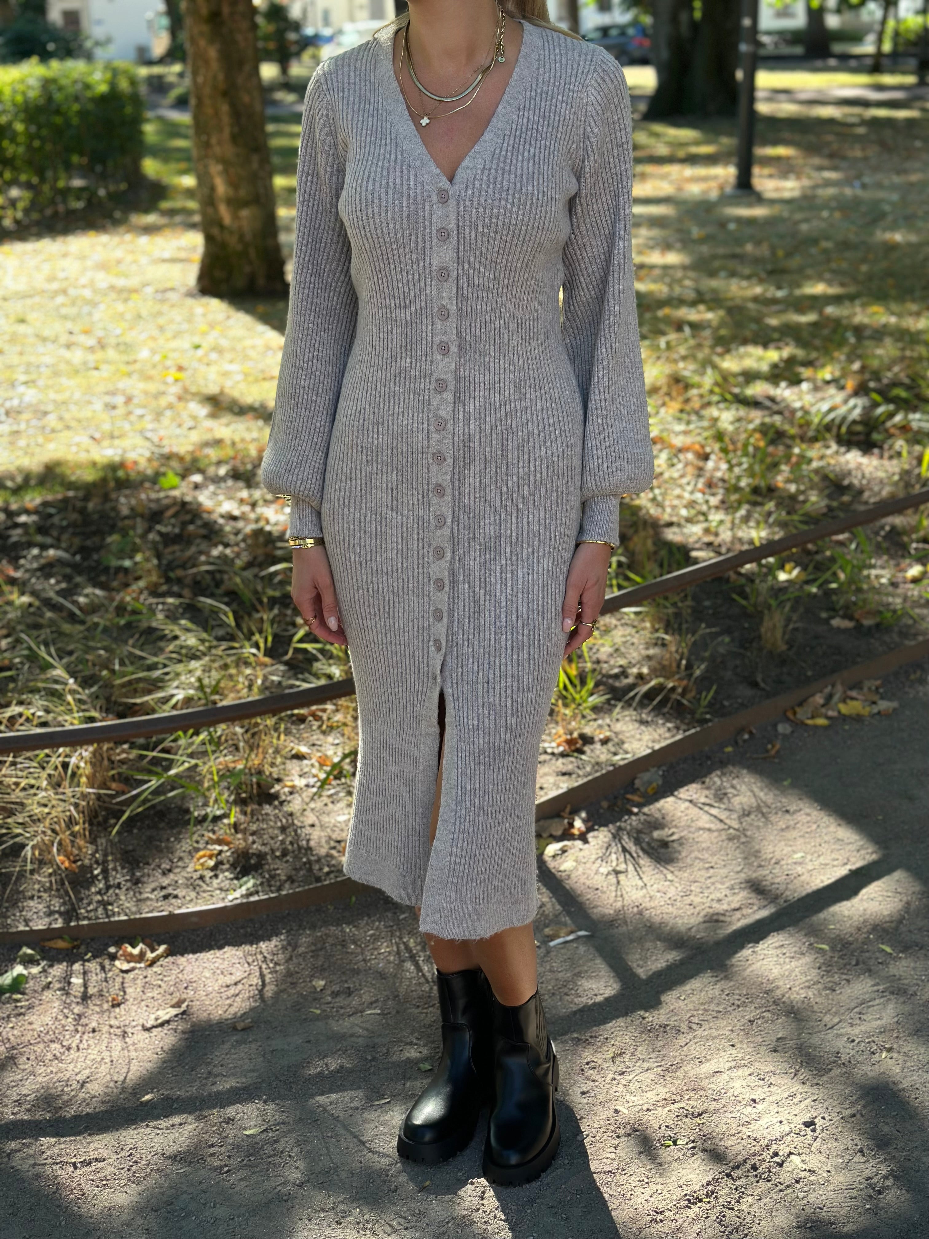 VEROMODA - EVA V-NECK LS RIB DRESS - MOON ROCK MELANGE