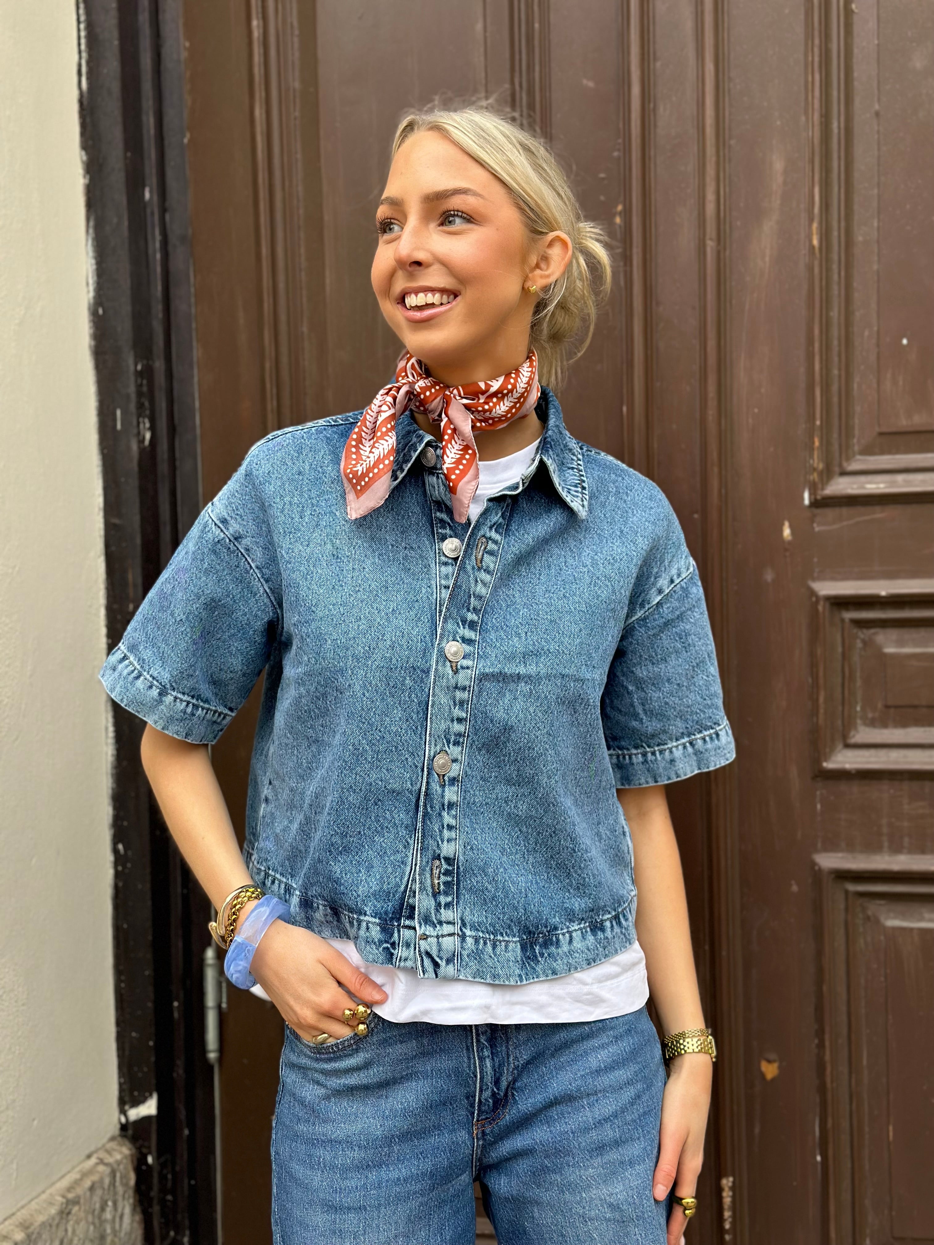 PIECES - SKY SS A-SHAPE DENIM TOP - MEDIUM BLUE DENIM