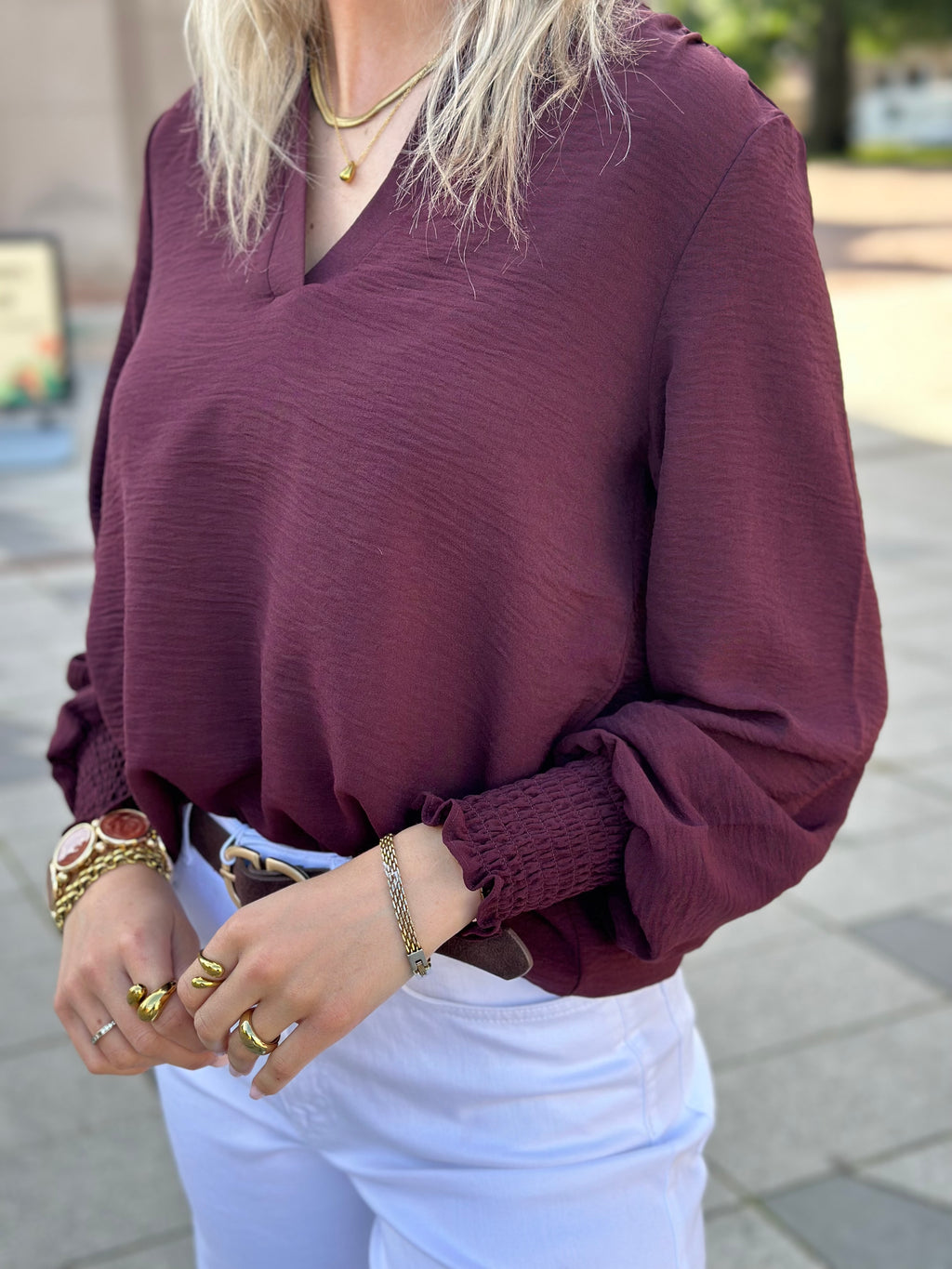 ONLY - METTE V-NECK LS SMOCK TOP - DECADENT CHOCOLATE