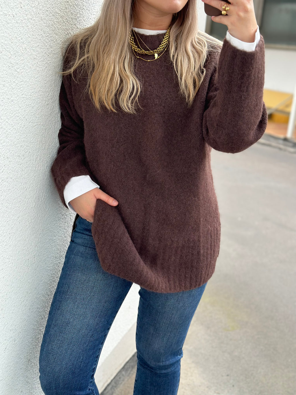PIECES - TINA L/S O-NECK KNIT - HOT FUDGE/MELANGE