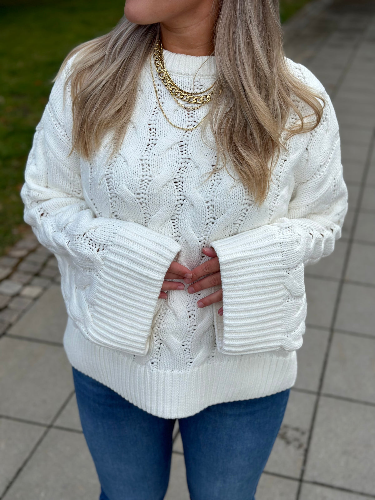 VERO MODA - SVEA THEA LS O-NECK CABLE PULLOVER - SNOW WHITE