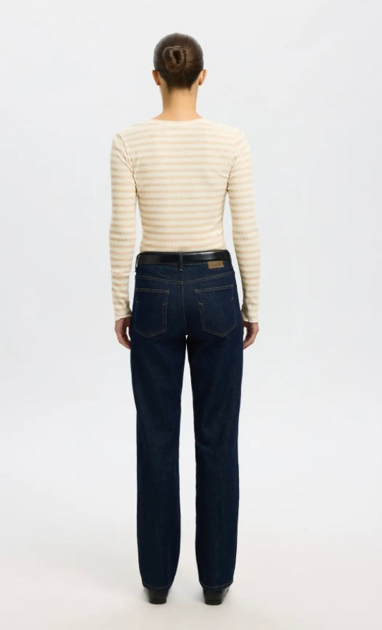 SELECTED - ANNA LS CREW NECK TEE - OATMEAL/ SNOW WHITE