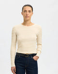 SELECTED - ANNA LS CREW NECK TEE - OATMEAL/ SNOW WHITE