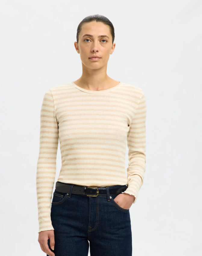 SELECTED - ANNA LS CREW NECK TEE - OATMEAL/ SNOW WHITE