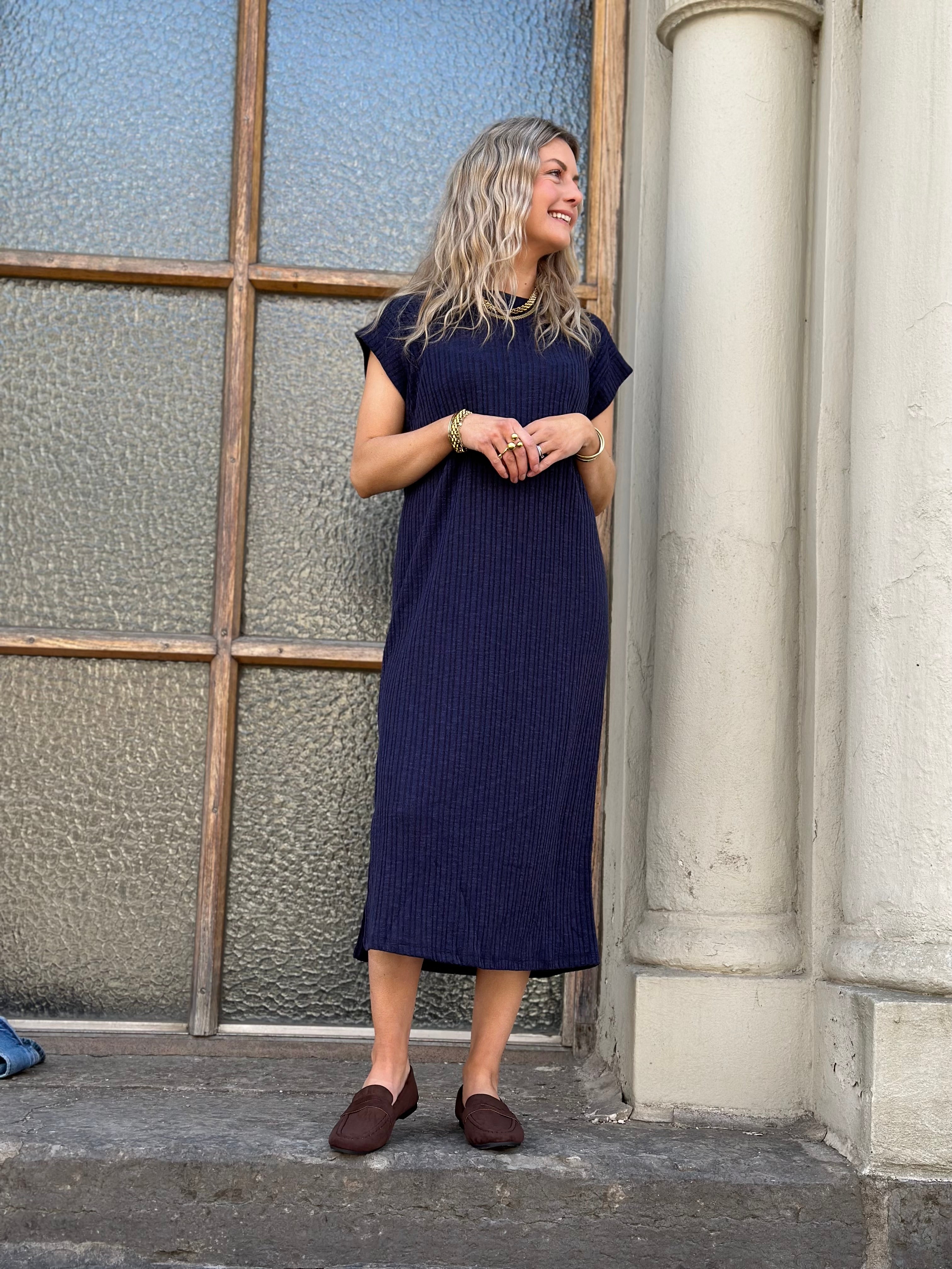 PIECES - LENA SS MIDI DRESS - MARIETIME BLUE