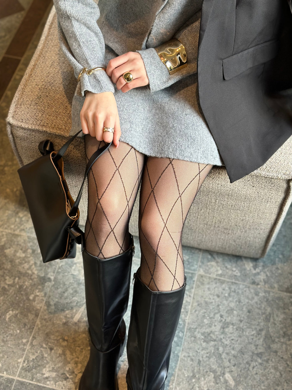 PIECES - RABINE TIGHTS - BLACK/CHECK