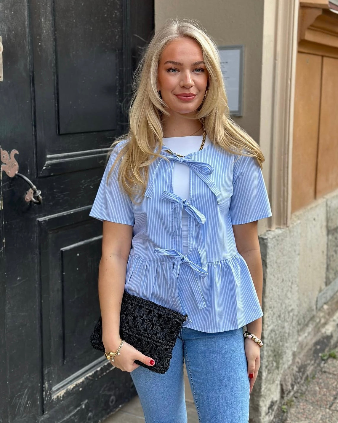 JDY - MIO S/S REV STRING TOP - CASHMERE BLUE/SMALL WHITE
