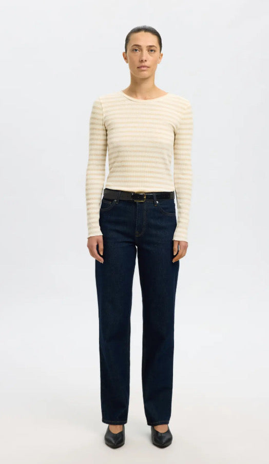 SELECTED - ANNA LS CREW NECK TEE - OATMEAL/ SNOW WHITE