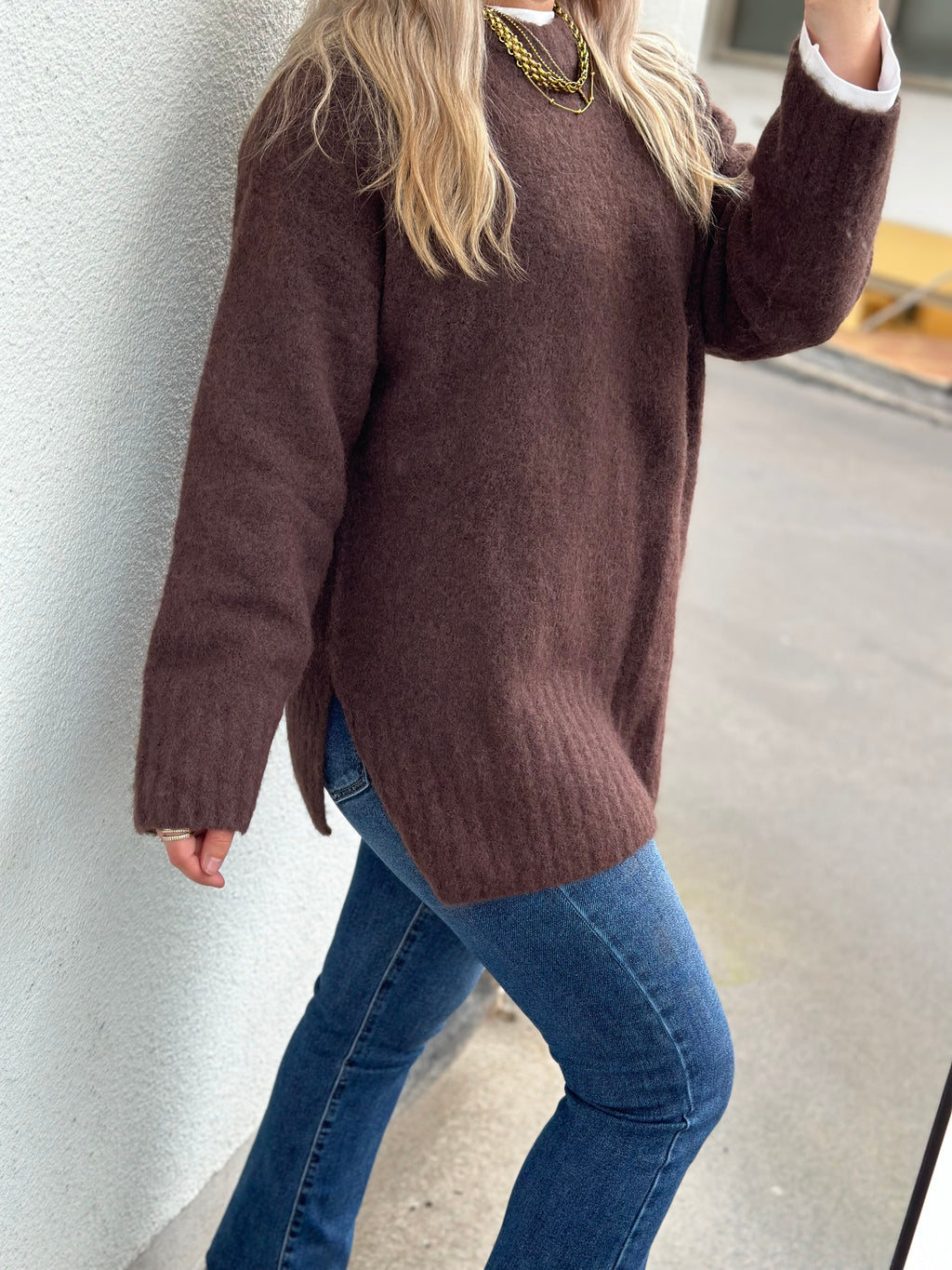 PIECES - TINA L/S O-NECK KNIT - HOT FUDGE/MELANGE