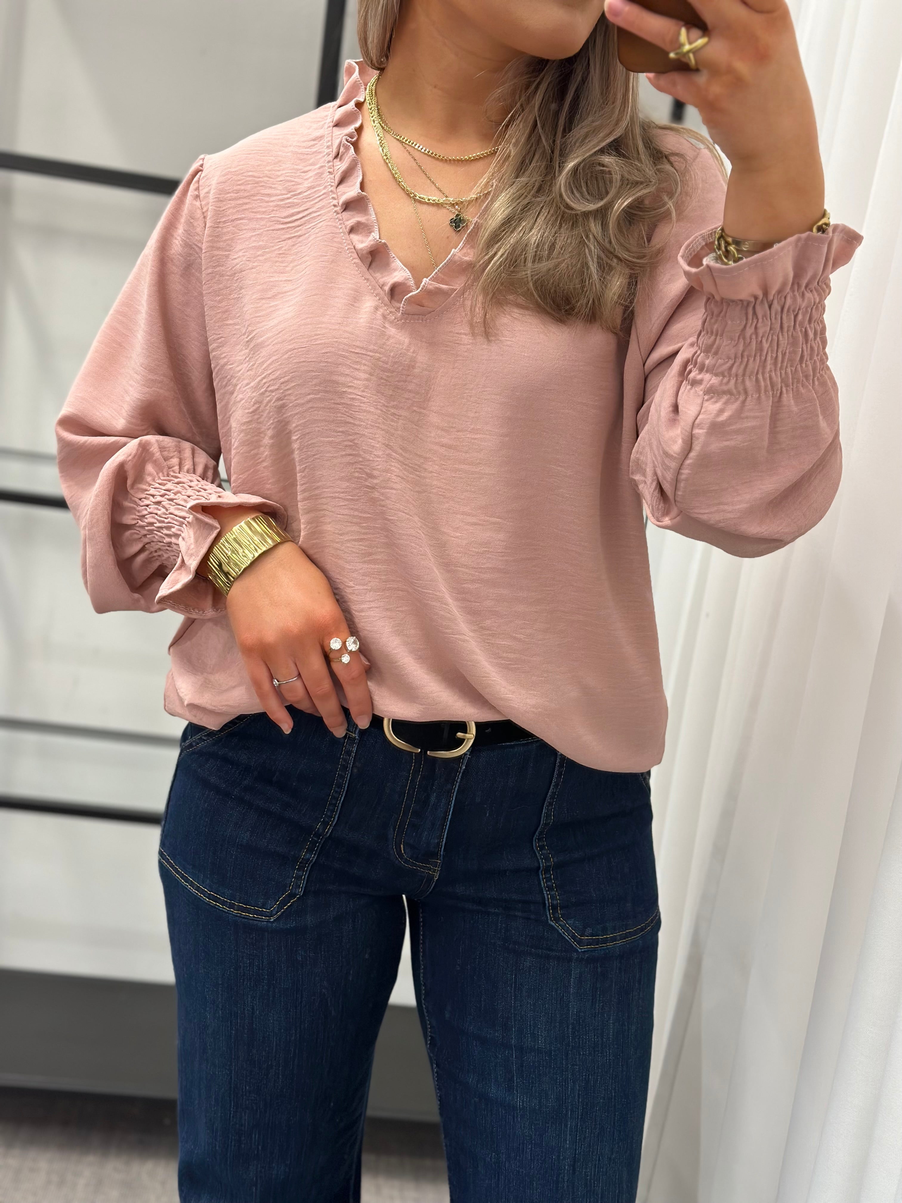 JÖRLEVIK - BLUS MED VOLANG/SMOCKNING - ROSA