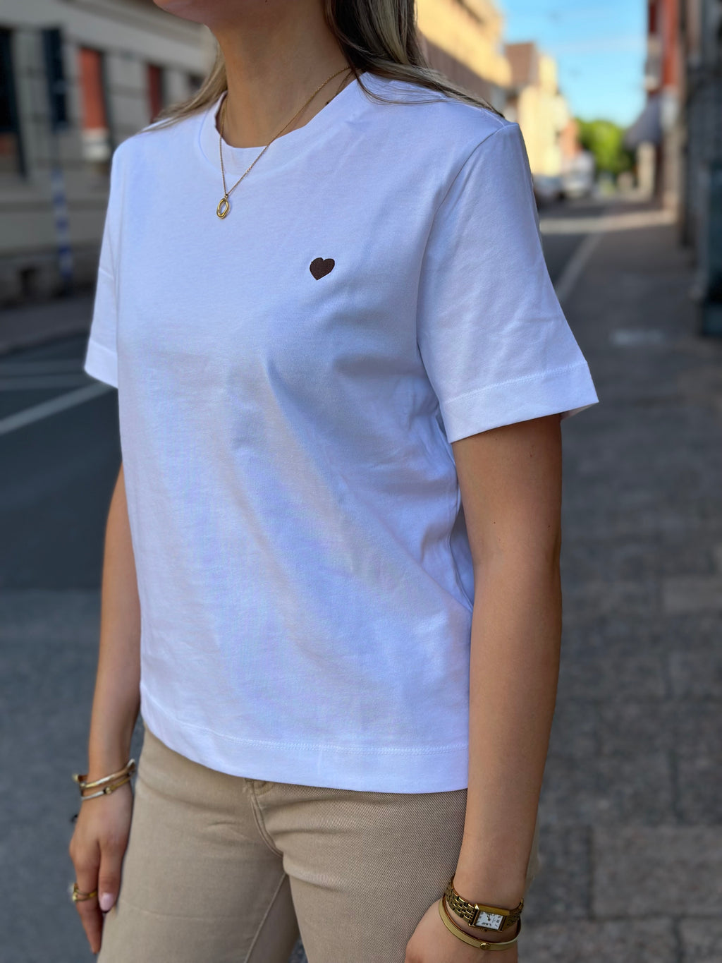 SELECTED FEMME - ELLA SS EMB BOXY TEE -BRIGHT WHITE BROWN HEART EMB