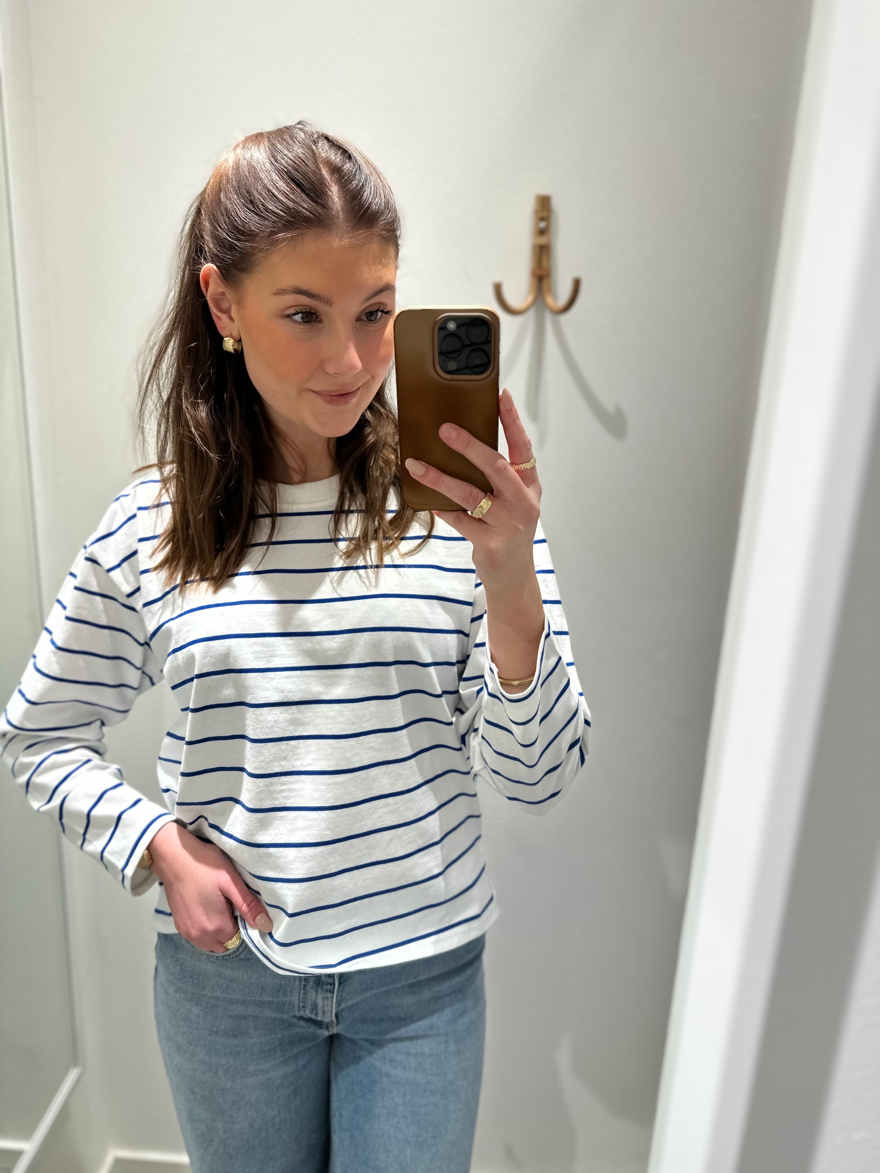 ONLY - LAURA L/S BOXY STRIPE TOP JRS - CLOUD DANCER/SURF THE W