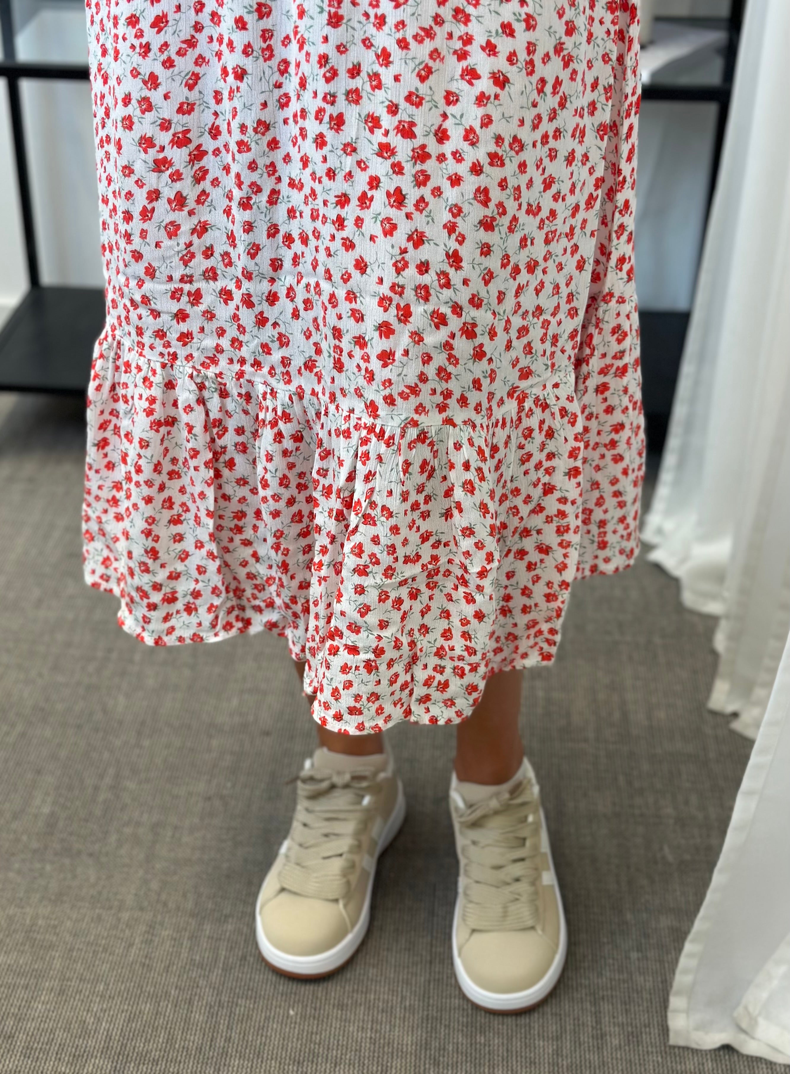 ONLY - CHINTI S/S LONG DRESS - CLOUD DANCER/ RED LUCY FLOWER