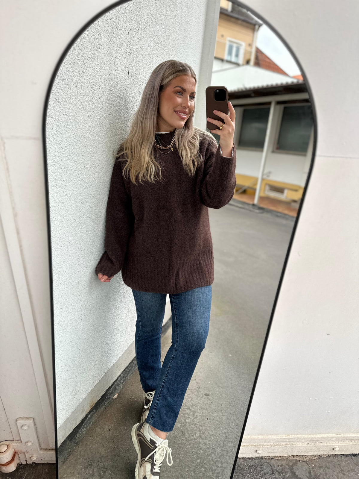 PIECES - TINA L/S O-NECK KNIT - HOT FUDGE/MELANGE