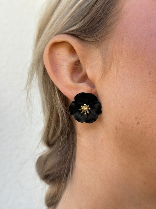 BOW19DETAILS - FLOWER SMALL EARRINGS PEARL - BLACK