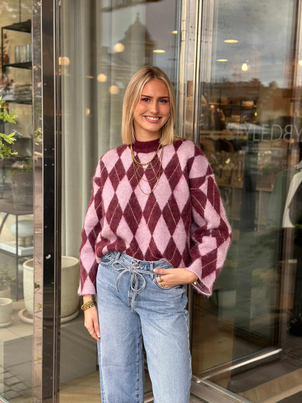 SELECTED FEMME - LULU BRUSHED ARGYLE KNIT O-NECK - TAWNY PORT WINDSOME ORCHID + BIRCH