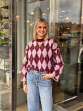SELECTED FEMME - LULU BRUSHED ARGYLE KNIT O-NECK - TAWNY PORT WINDSOME ORCHID + BIRCH
