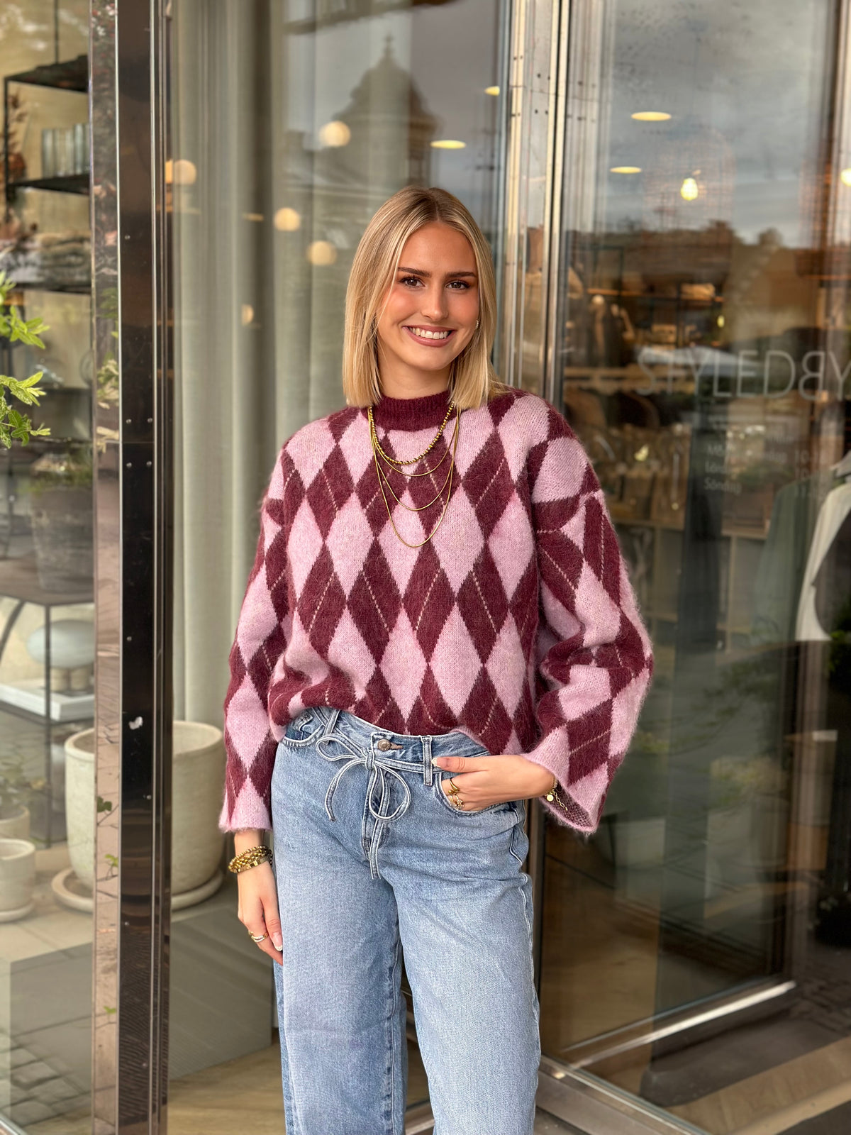 SELECTED FEMME - LULU BRUSHED ARGYLE KNIT O-NECK - TAWNY PORT WINDSOME ORCHID + BIRCH