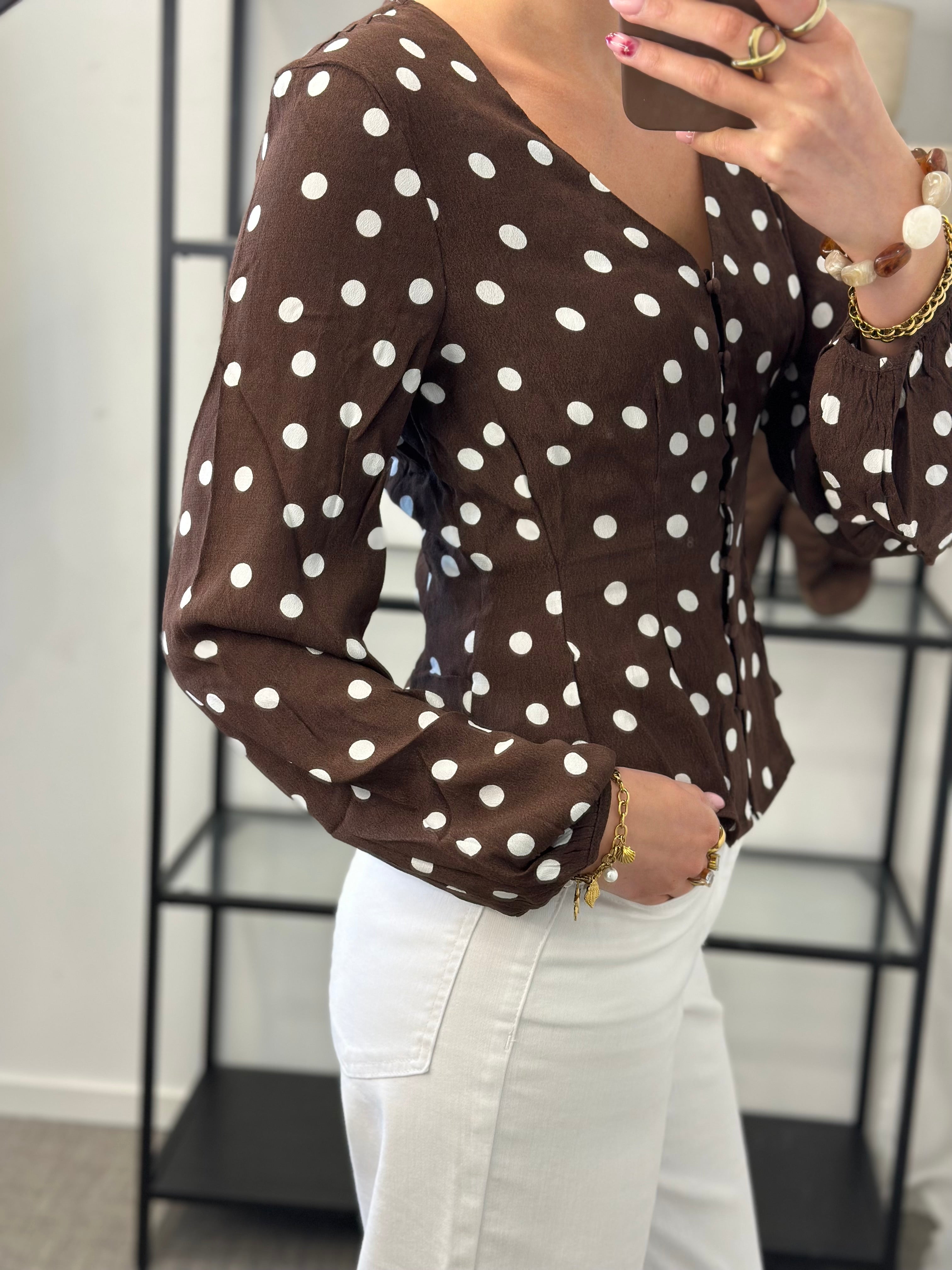VEROMODA - ELISA L/SV-NECK BUTTON TOP - CHOCOLATE/SNOW WHITE
