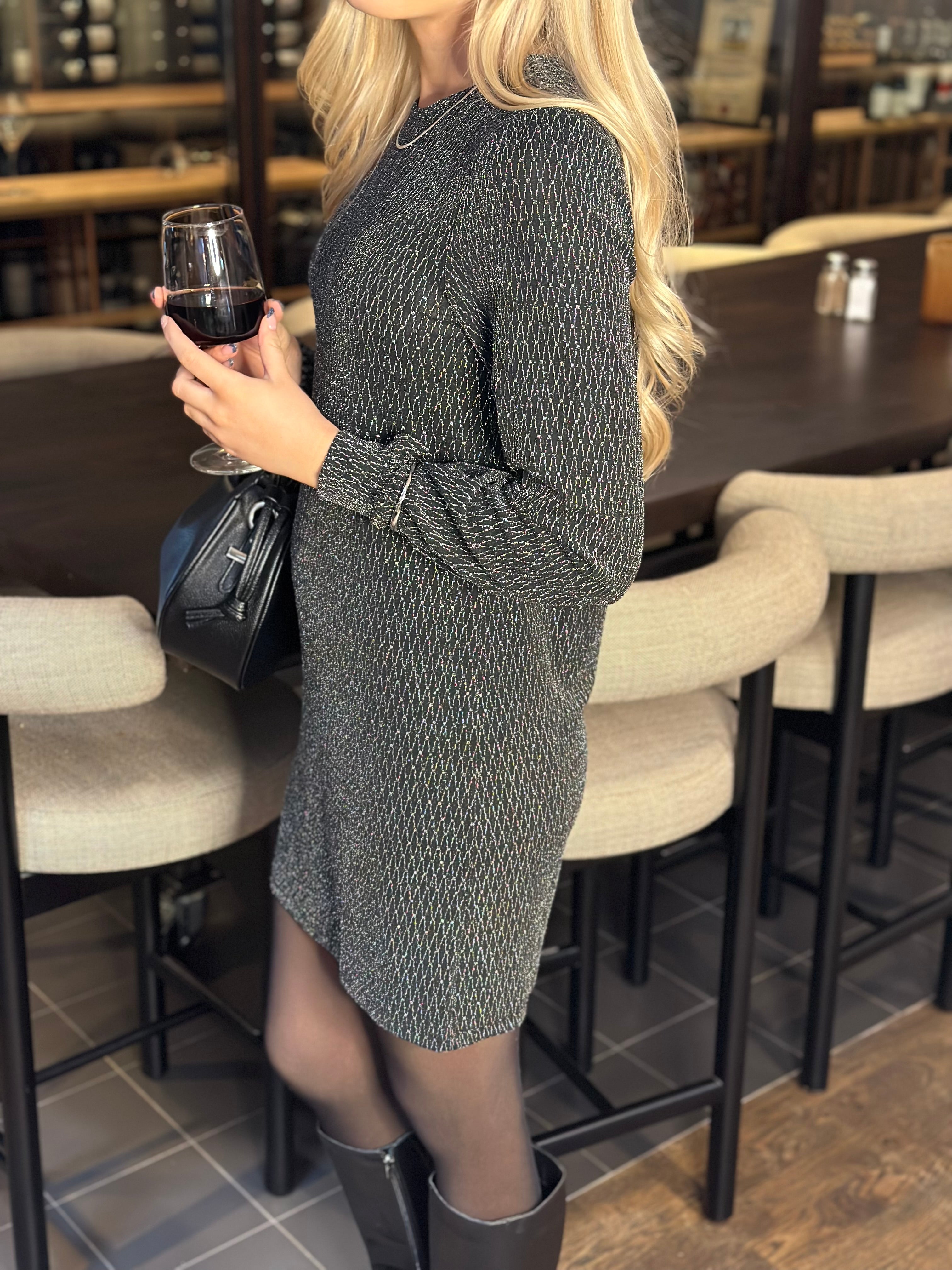 ONLY - CAROL L/S GLITTER BOW DRESS - BLACK/HARLEKIN