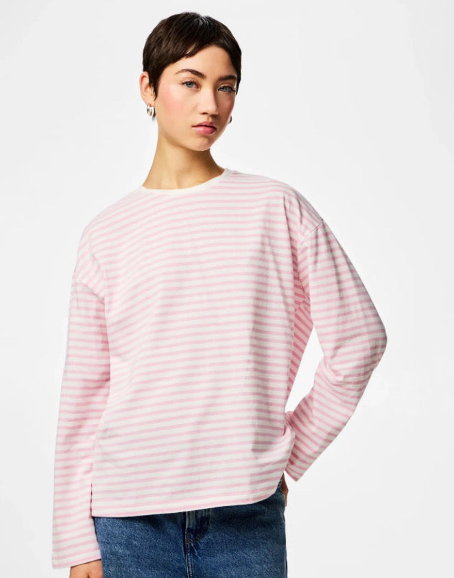 PIECES - SADIE LS TOP - BRIGHT WHITE/ROSEATE SPOONBILL