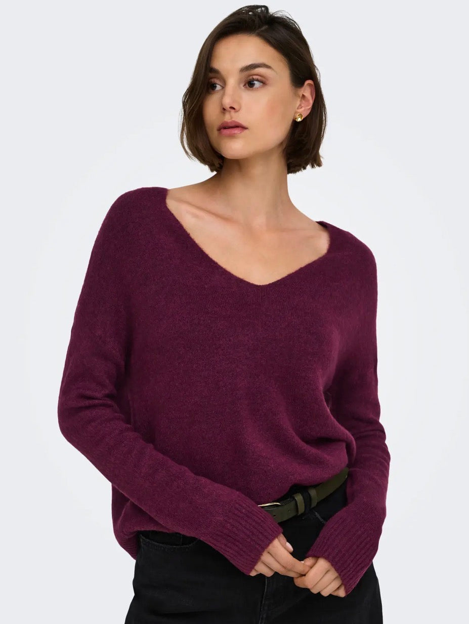 JDY - ELANORA L/S V-NECK PULLOVER - WINDSOR WINE MELANGE