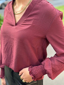 ONLY - METTE V-NECK LS SMOCK TOP - TAWNY PORT