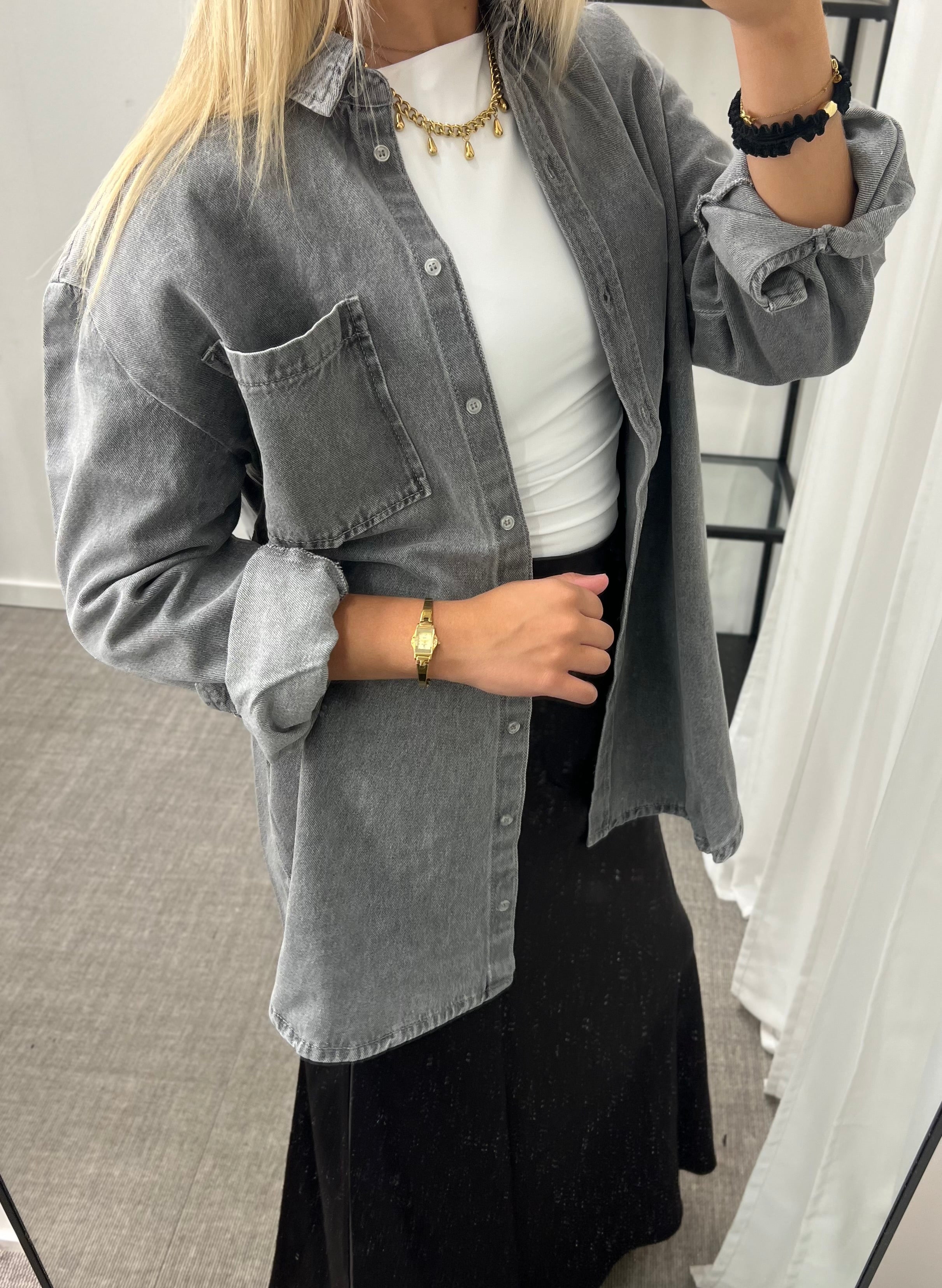 PIECES - MAISIE LS DENIM SHIRT - GREY DENIM