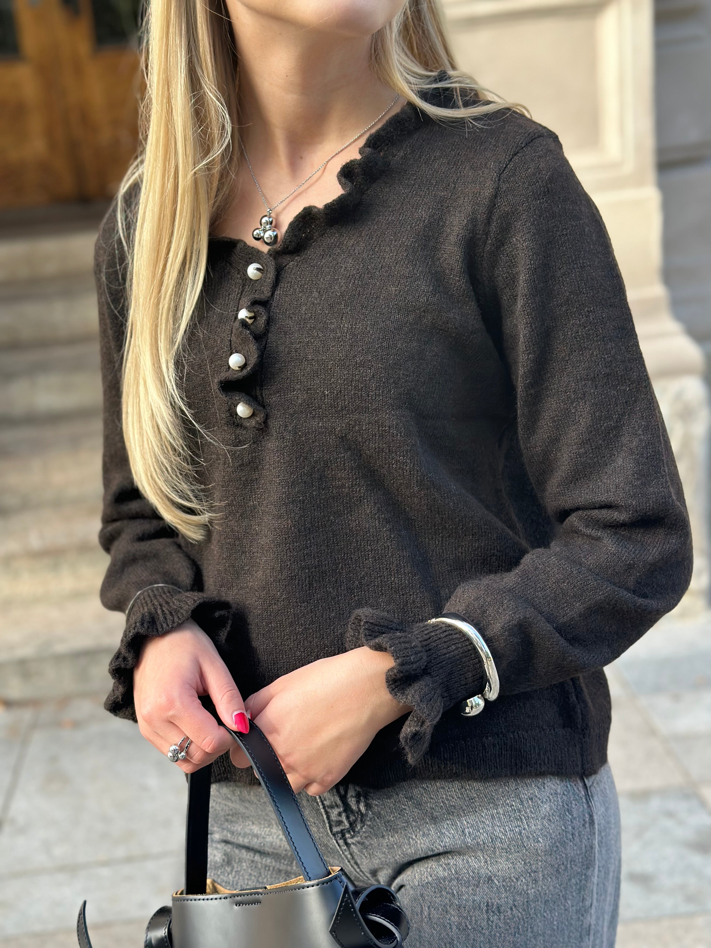 JDY - LETTY LS V-NECK FRILL PULLOVER - CHOCOLATE TORTE/MELANGE