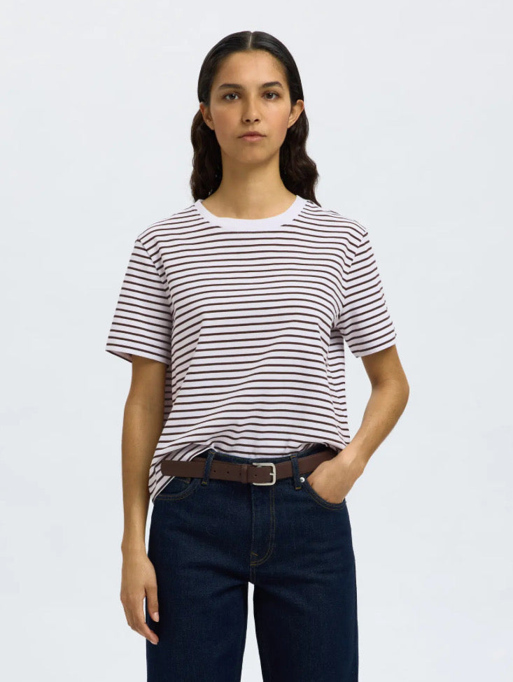 SELECTED FEMME - ESSENTIAL SS STRIPED BOXY TEE - DELICIOSO/BEIGHT WHITE