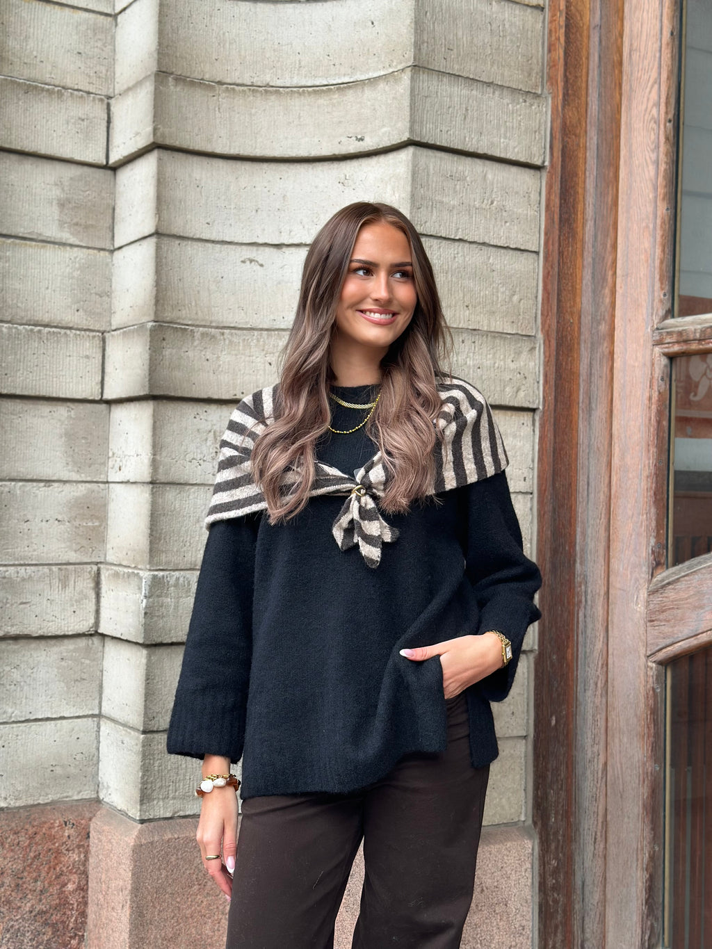 MARTA - KITTE SCARF - COFFEE/TAUPE STRIPE