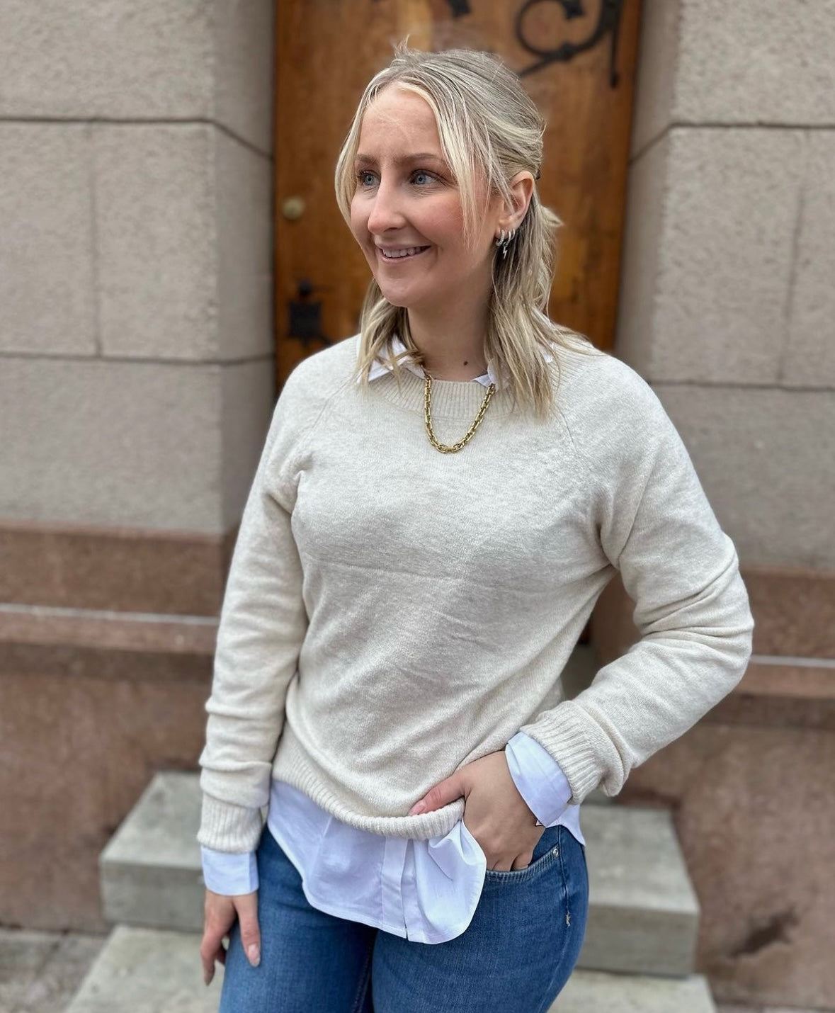 VERO MODA - DOFFY LS O-NECK BLOUSE - BIRCH/MELANGE