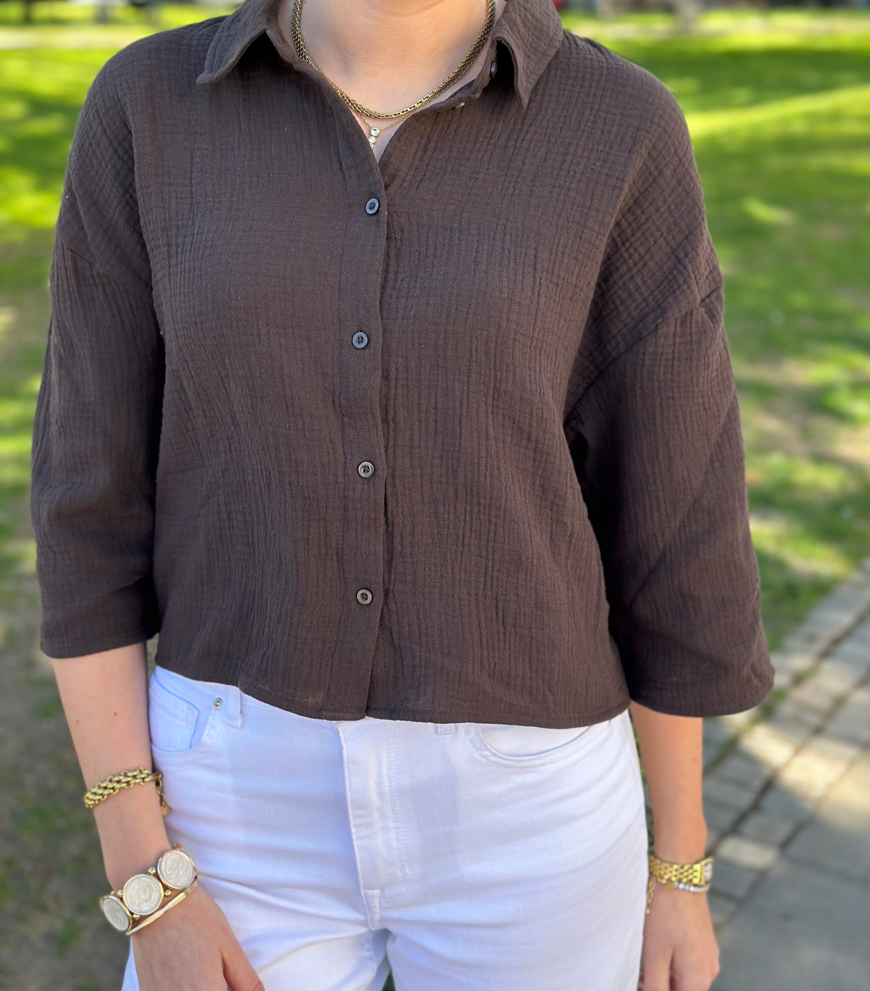 JDY - THEIS LIFE 3/4 CROP SHIRT - CHOCOLATE TORTE