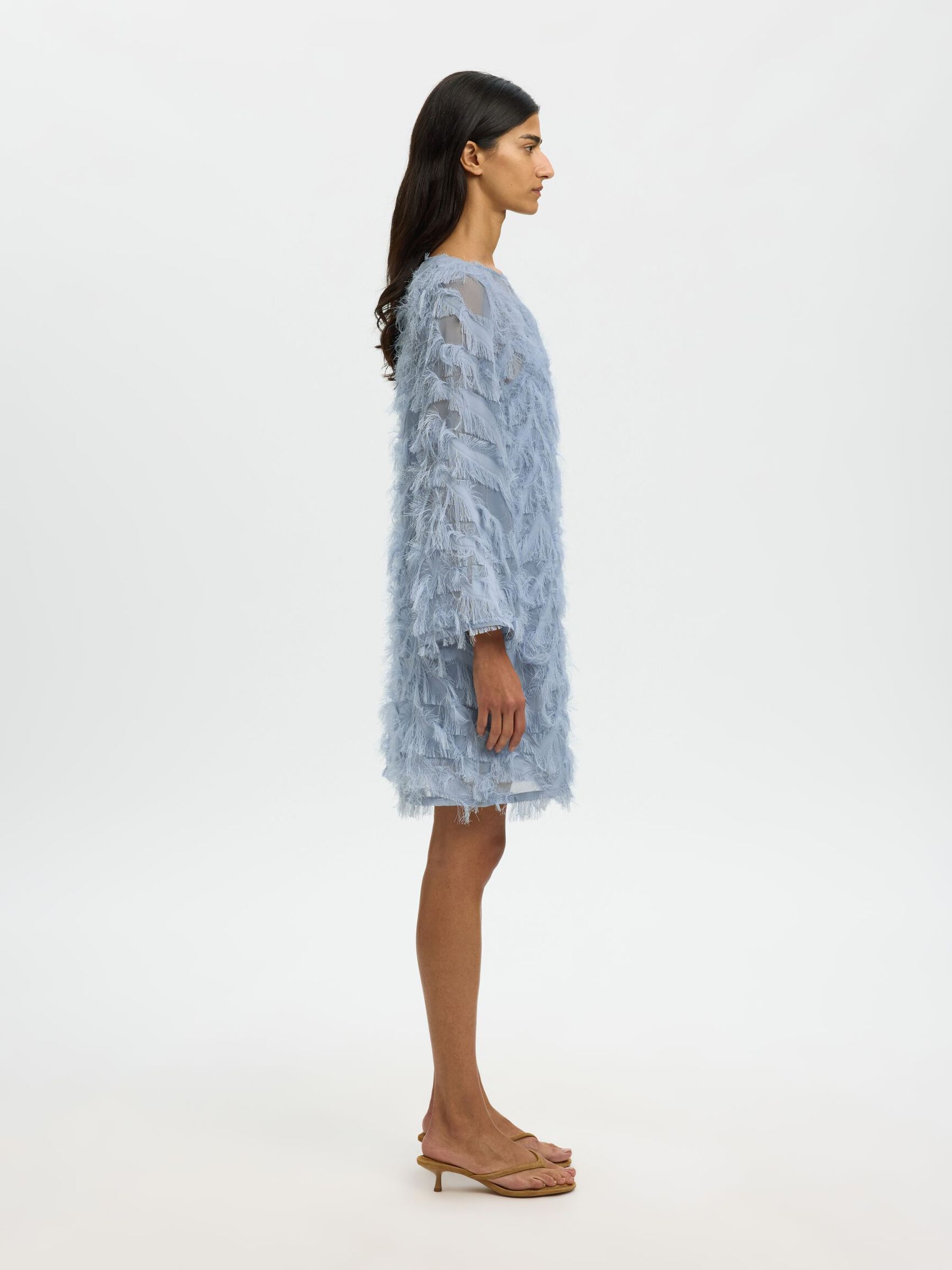 SELECTED - MYLINE RELAXED LS BOAT NECK DRESS - DUSTY BLUE