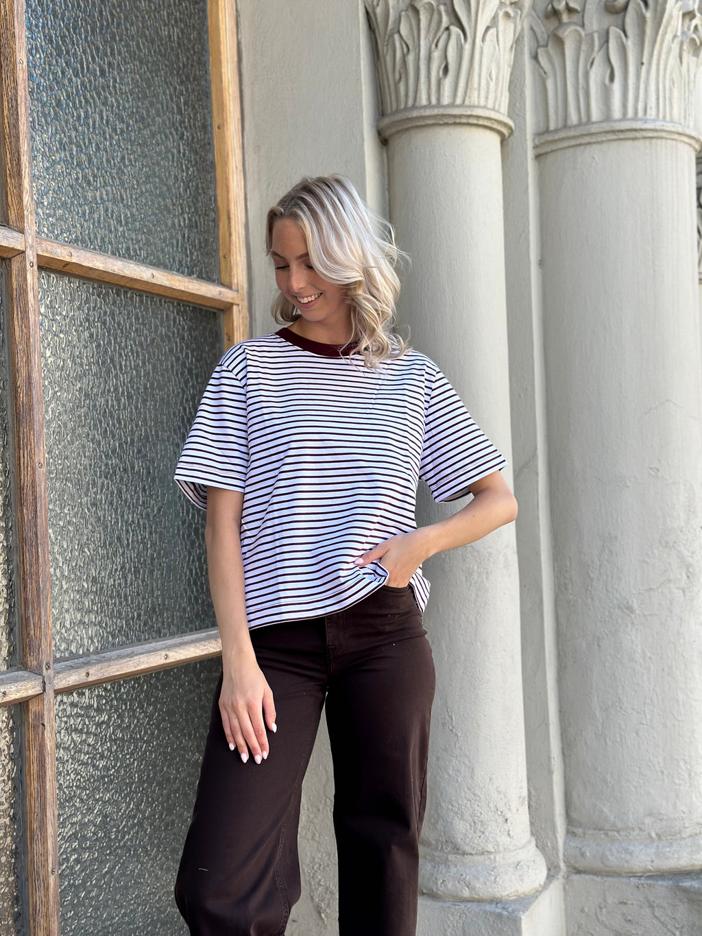 SELECTED FEMME - ESSENTIAL SS BOXY TEE - TOWNY PORT/BRIGHT WHITE STRIPED
