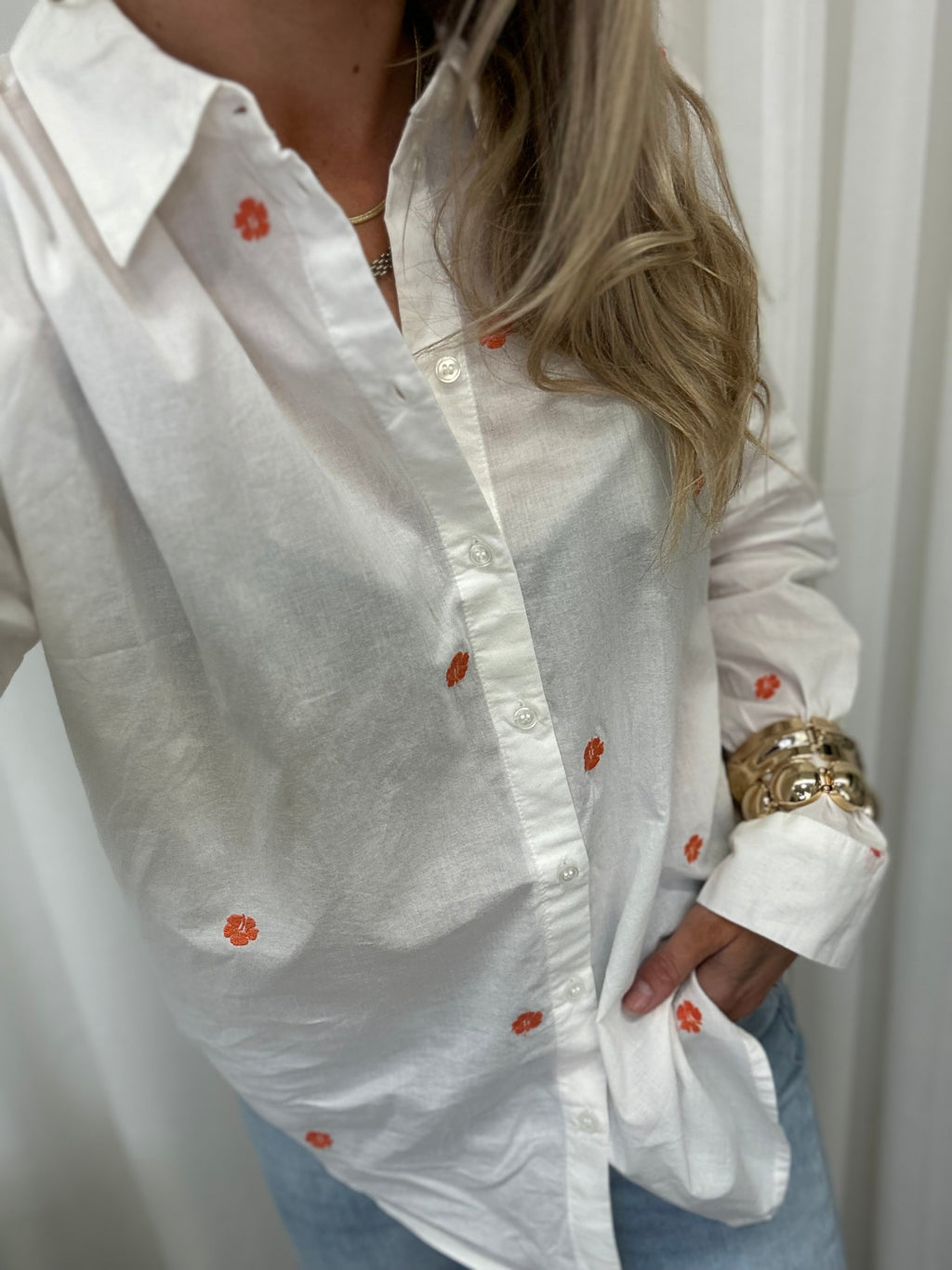 VEROMODA - DONA LS SHIRT - SNOW WHITE/EMB HIBISC