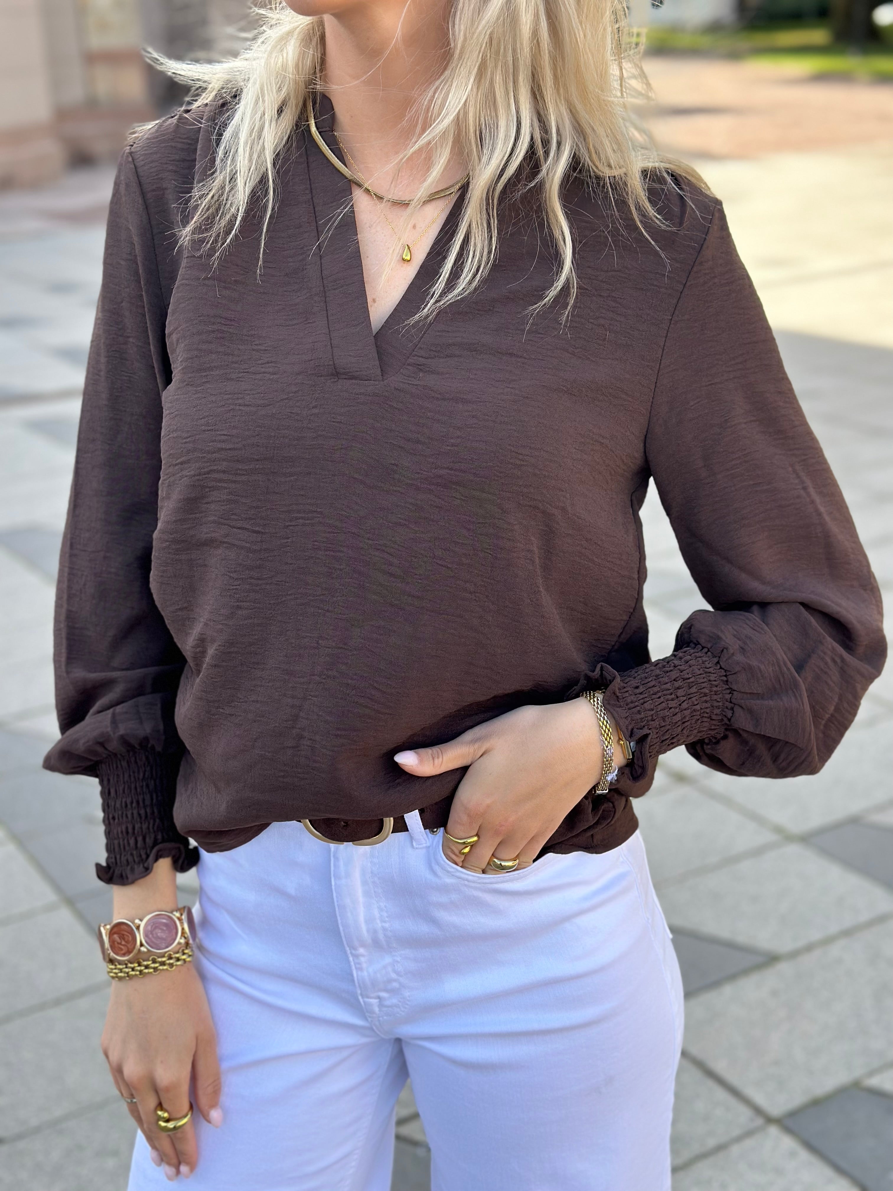 ONLY - METTE V-NECK LS SMOCK TOP - COFFEE BEAN