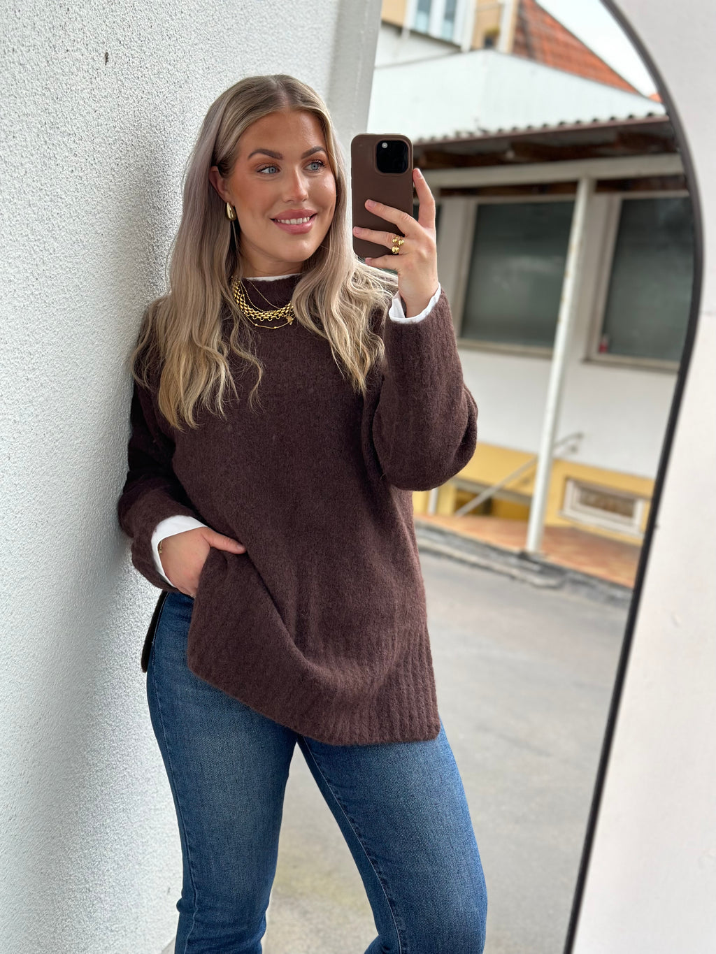 PIECES - TINA L/S O-NECK KNIT - HOT FUDGE/MELANGE