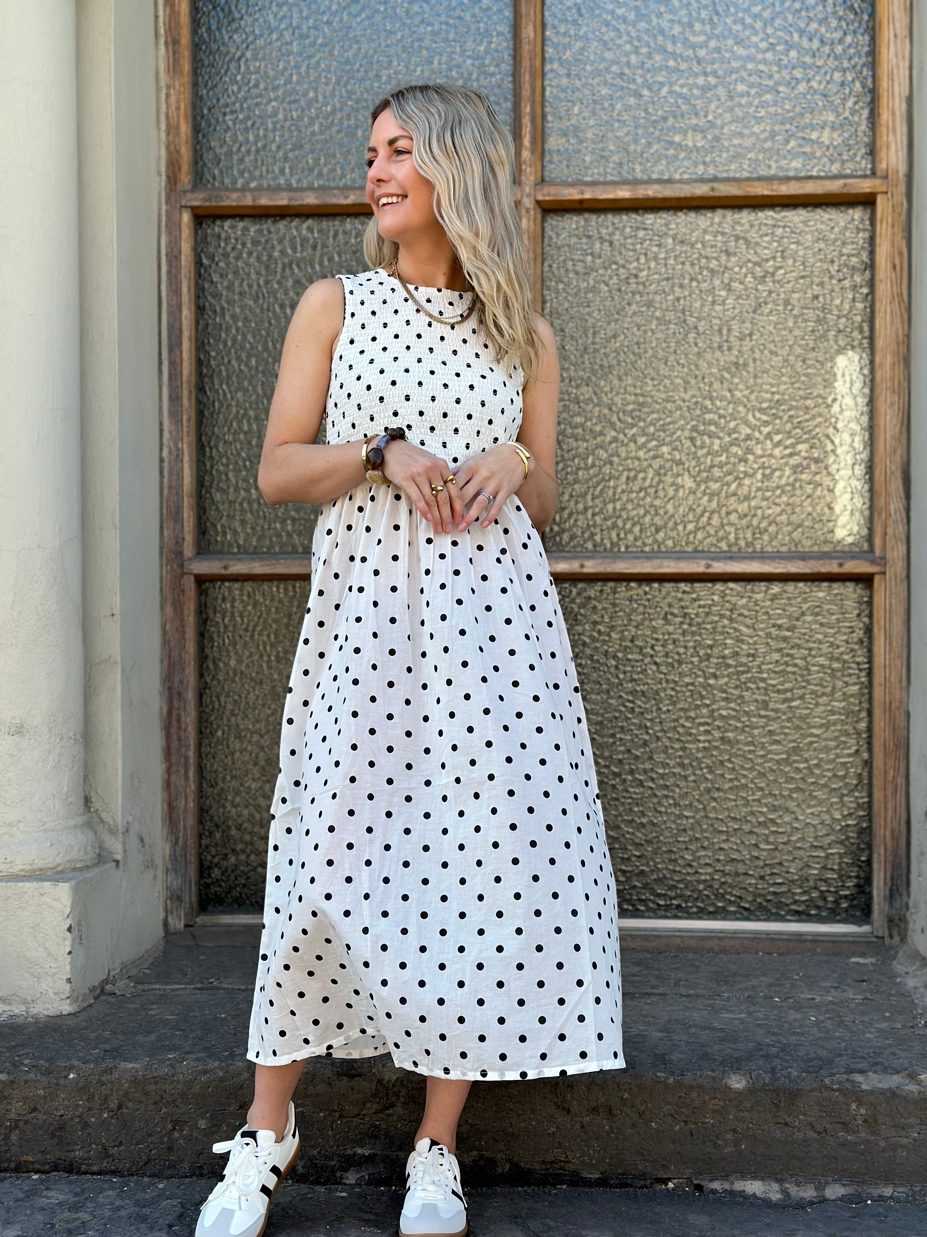 JDY - DIEGO S/L SMOCK MIDI DRESS - CLOUD DANCER/BLACK DOT