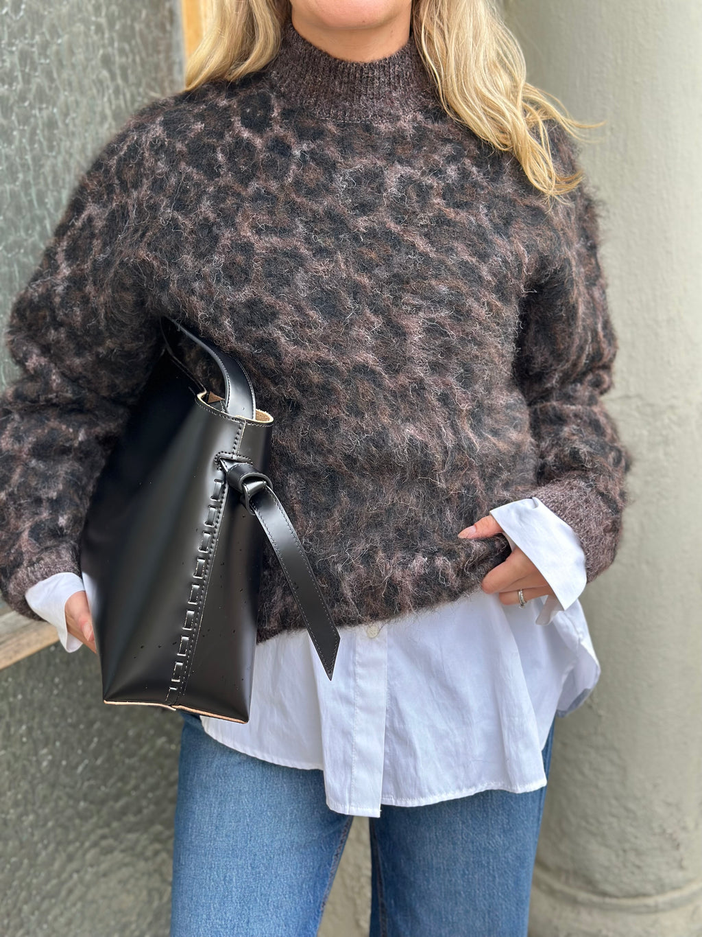 PIECES - ELINA LS HIGH NECK KNIT - HOT FUDGE/ LEOPARD