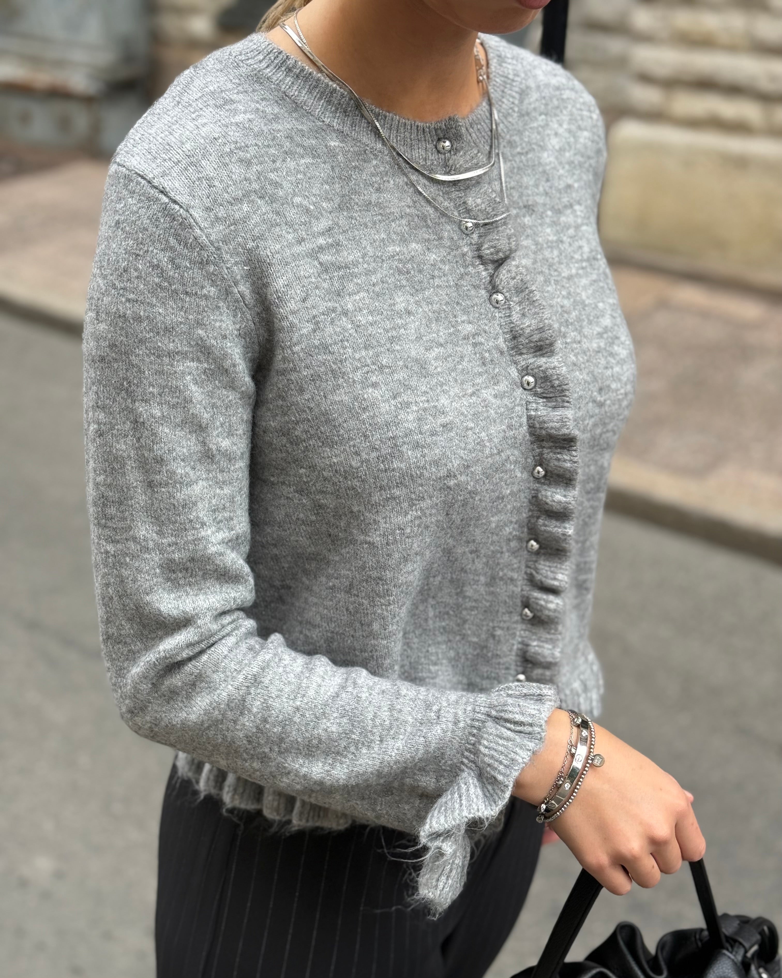 PIECES - LYDIA LS FRILL KNIT CARDIGAN - MEDIUM GREY MELANGE